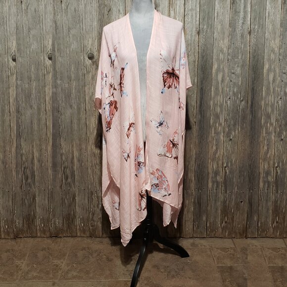 Windsor OS Kimono Duster Wrap Pink Butterflies Boho Flowy Cover Up One Size - Picture 1 of 5